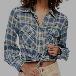 *NWOT* F/P Plaid Chambray Combo Front Tie Shirt